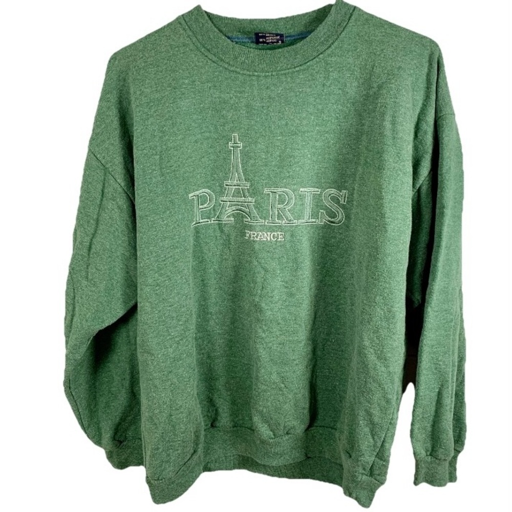 Vintage Paris France Sweatshirt Eiffel‎ Tower Crewneck Women L Green Embroidery